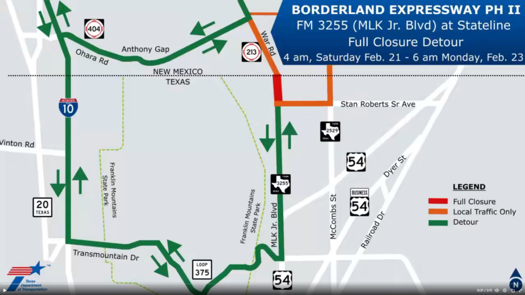 TxDOT anuncia cambios de tráfico y cierre total por obras del Borderland Expressway